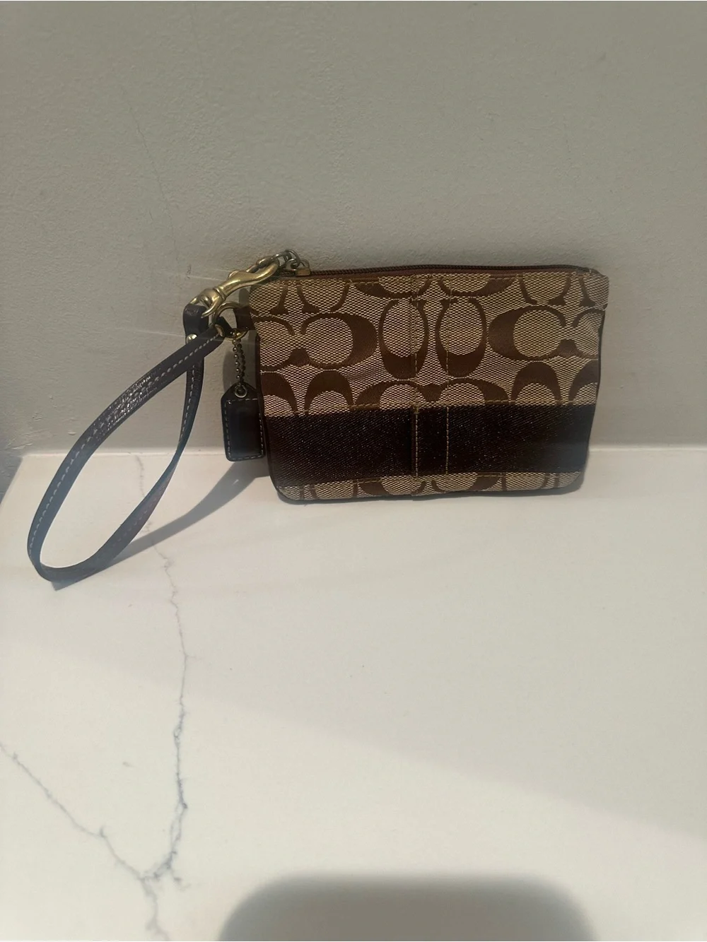 Coach Brown Signature Canvas Wristlet with Dark Brown Trim and coach creed - Picture 1 of 5